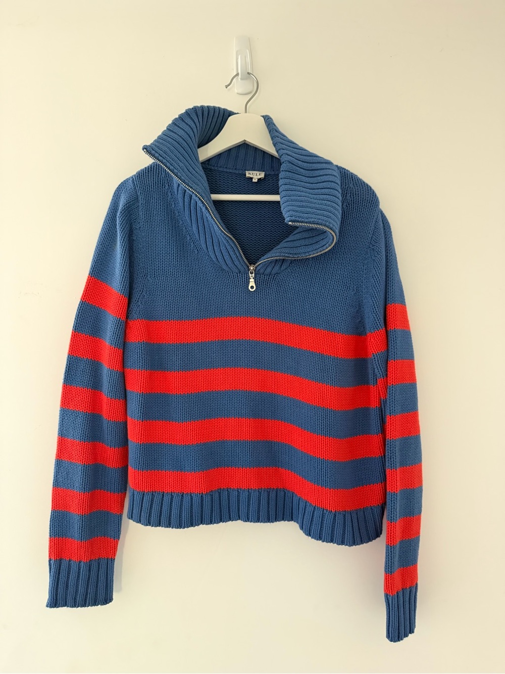 KULE Blue & Red Striped Half-Zip Ribbed Turtleneck Sweater